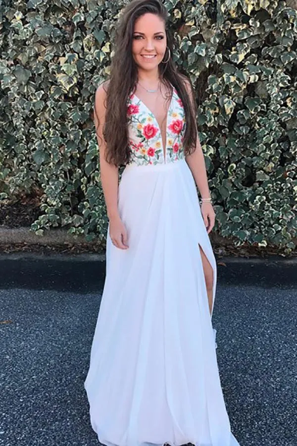 A-Line Deep V-Neck Sweep Train Split Criss-Cross Straps White Chiffon Embroidery Prom Dress LRA139