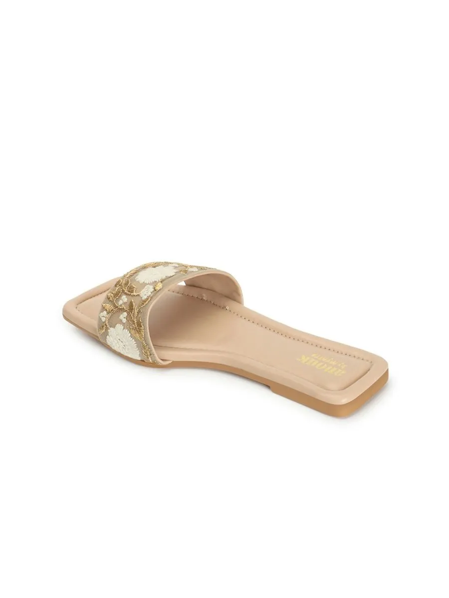 Anouk Beige Floral Embroidered Open Toe Flats