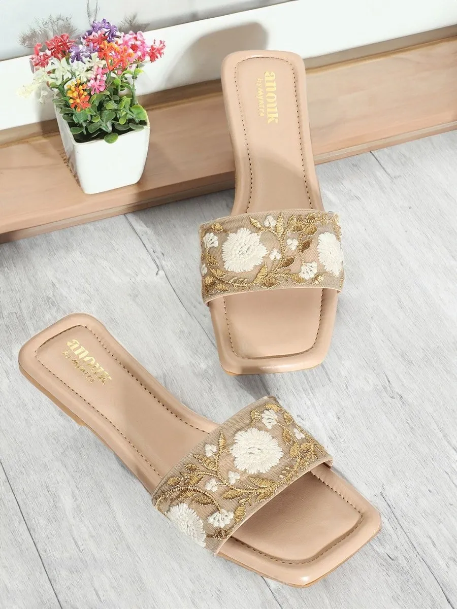 Anouk Beige Floral Embroidered Open Toe Flats