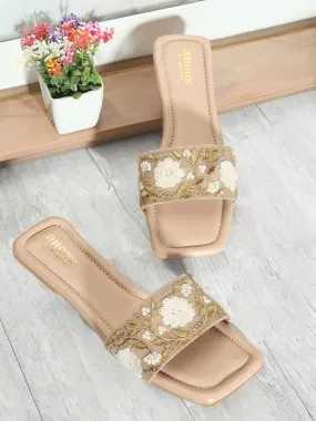 Anouk Beige Floral Embroidered Open Toe Flats