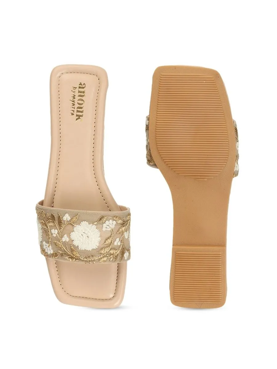 Anouk Beige Floral Embroidered Open Toe Flats