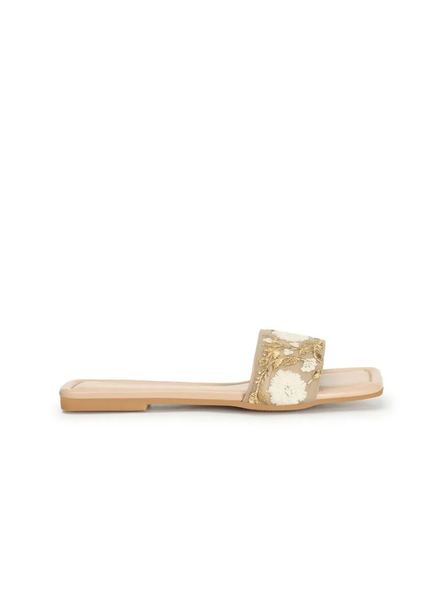 Anouk Beige Floral Embroidered Open Toe Flats