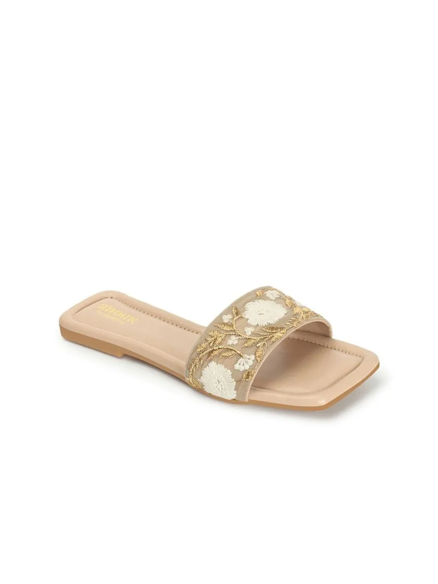Anouk Beige Floral Embroidered Open Toe Flats