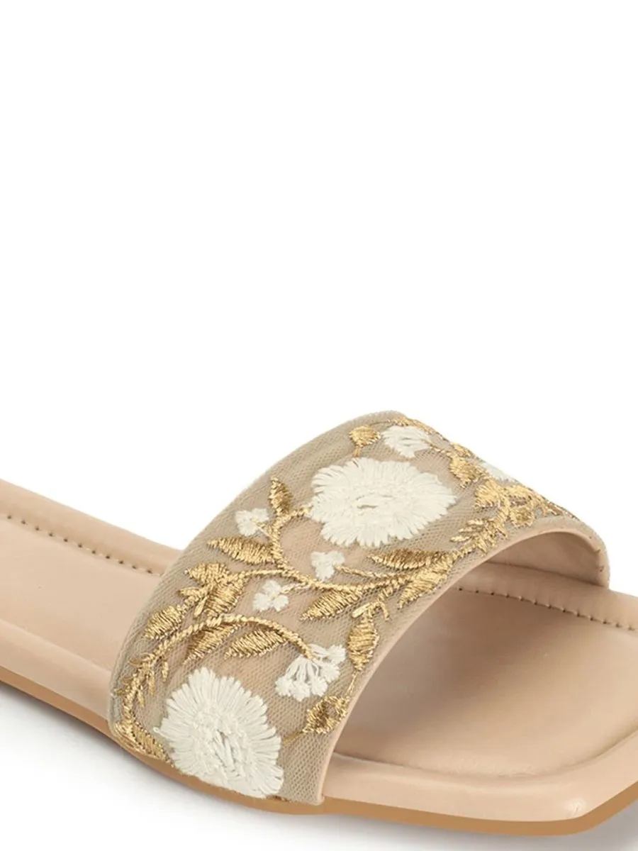 Anouk Beige Floral Embroidered Open Toe Flats