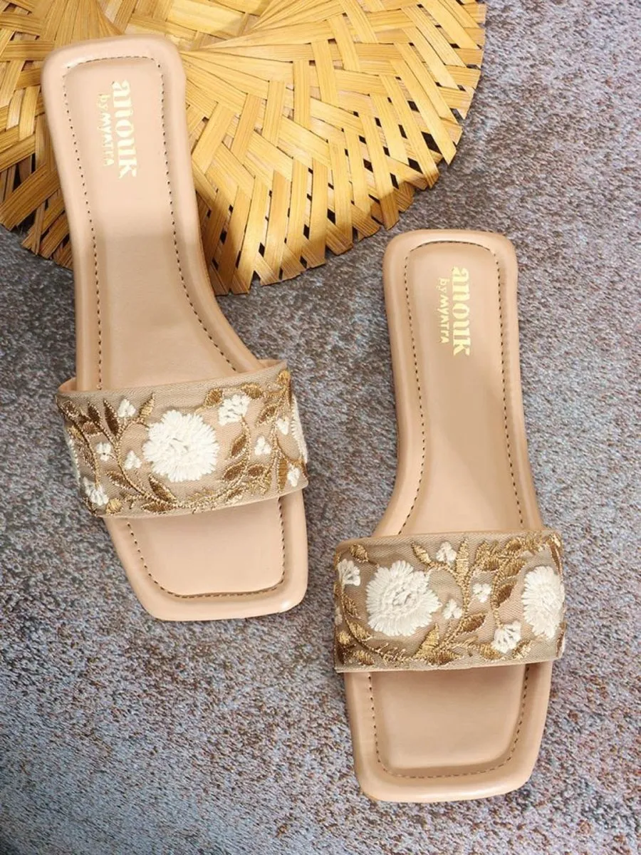 Anouk Beige Floral Embroidered Open Toe Flats