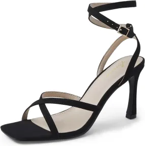 Arromic High Heels for Women Strappy Stilettos Heels Square Open toe Heeled Sandals Buckle Ankle Strap Heels Sexy Wedding Dress Heels Shoes - 3inch Black