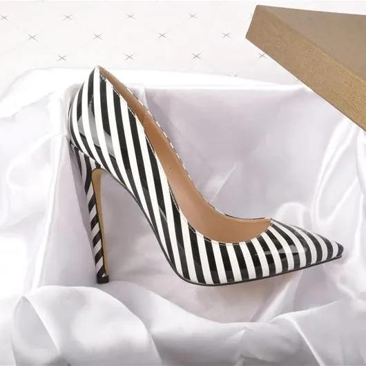 Black White Stripe High Heel Shoes