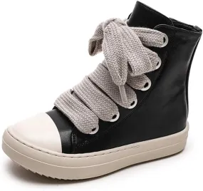 Boys Girls High Top Sneakers PU Leather Lace Up Platform Walking Shoes with Zipper