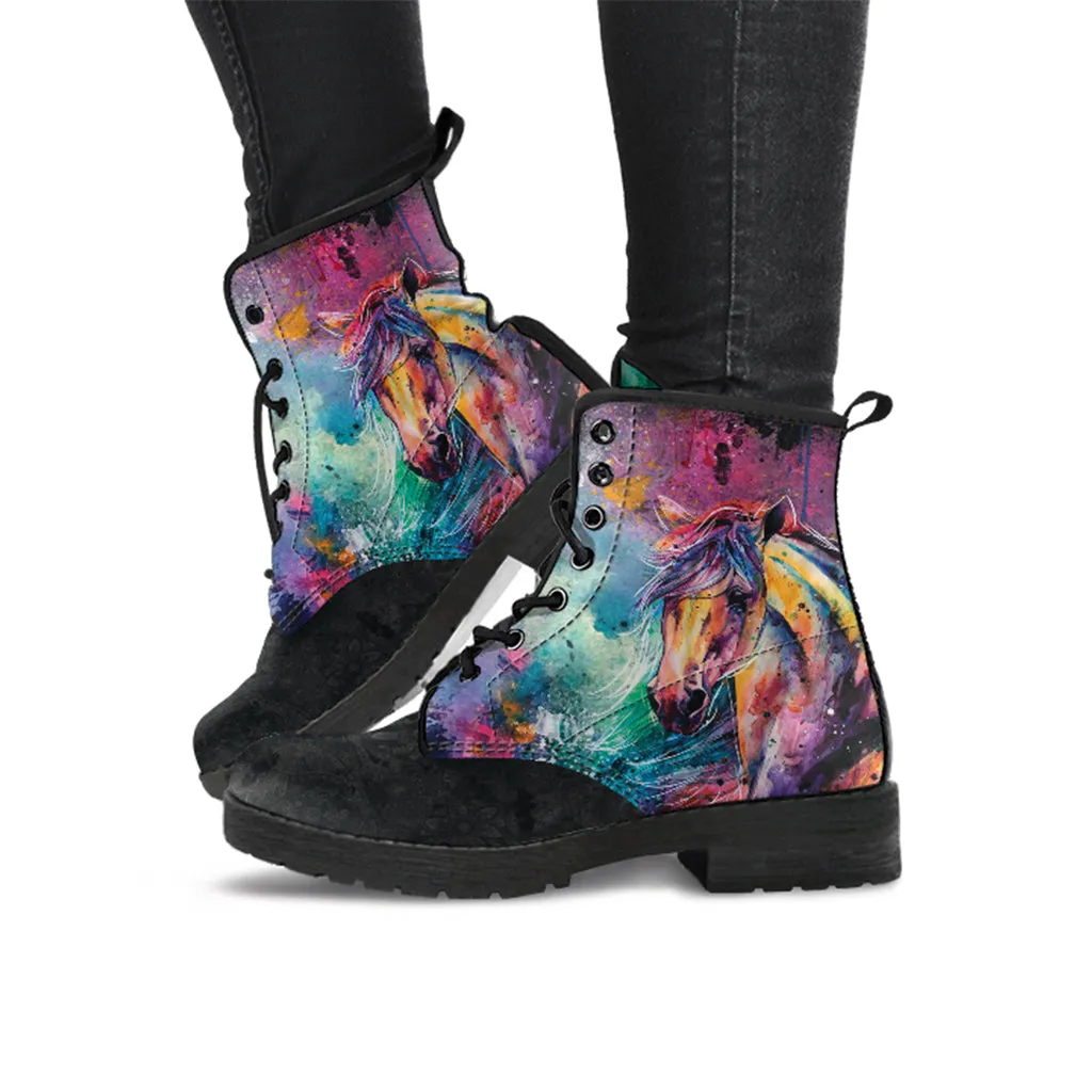 Colorful Horse Head Women's Vegan Leather Combat Boots