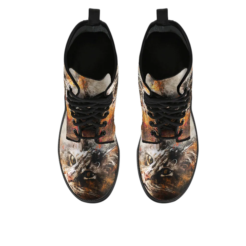 Cute Brown Cat Face Women's Vegan Leather Boots