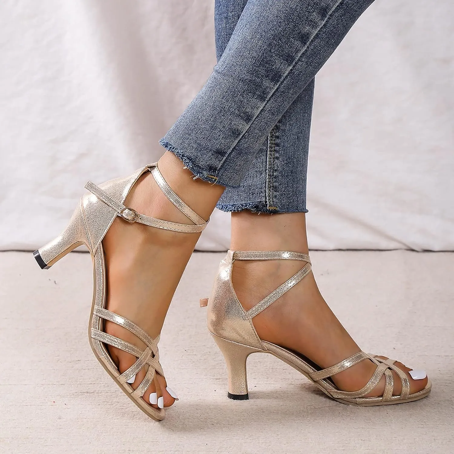 Dress Sandals Shoes for Women Leather Open Toe High Heels Ladies Gold Silver Glittering with Ankle Strap
