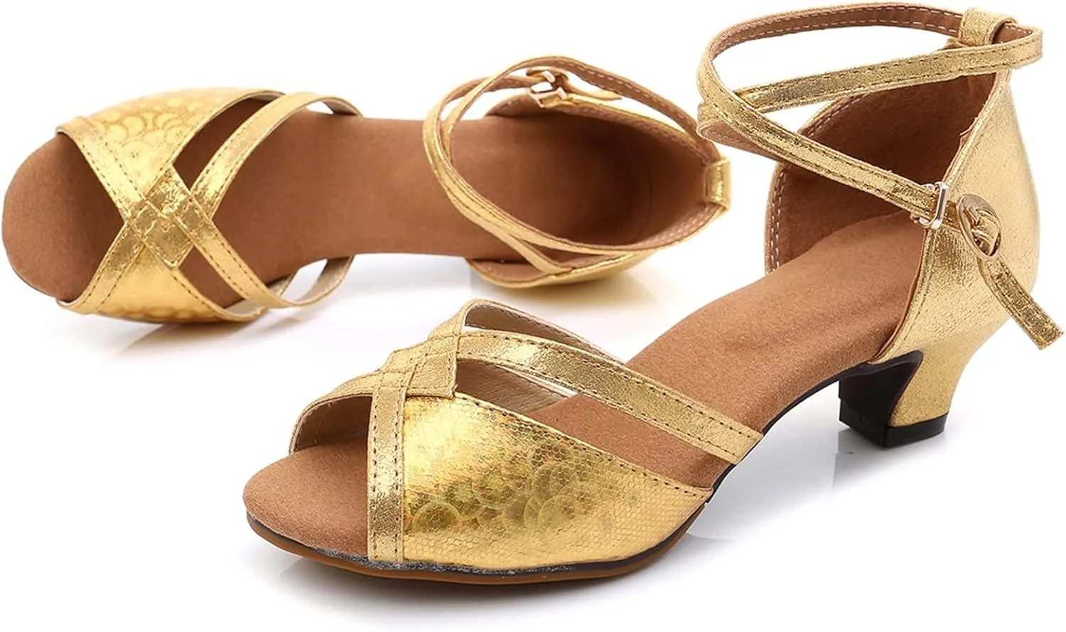 Dress Sandals Shoes for Women Leather Open Toe High Heels Ladies Gold Silver Glittering with Ankle Strap