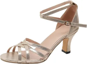 Dress Sandals Shoes for Women Leather Open Toe High Heels Ladies Gold Silver Glittering with Ankle Strap