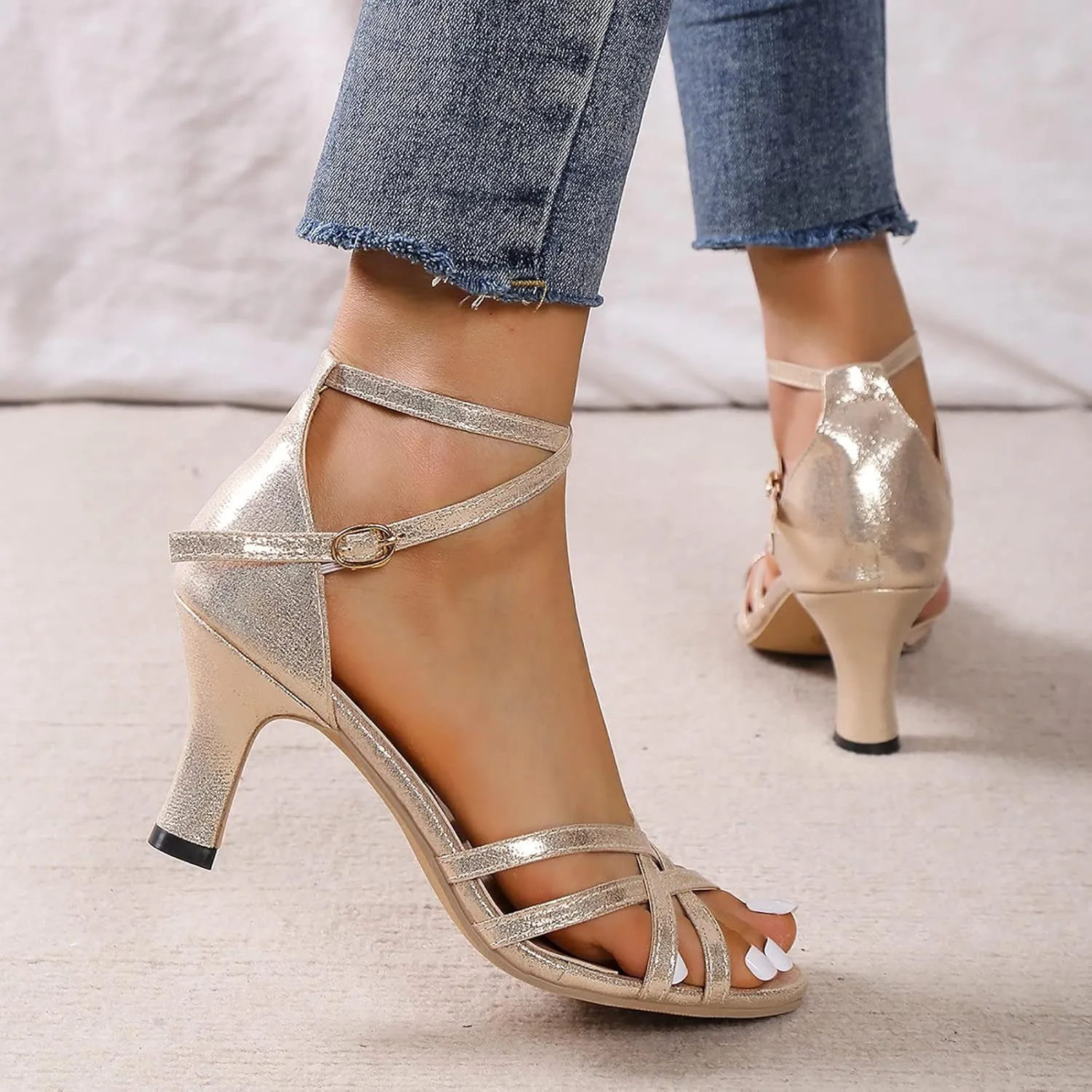 Dress Sandals Shoes for Women Leather Open Toe High Heels Ladies Gold Silver Glittering with Ankle Strap