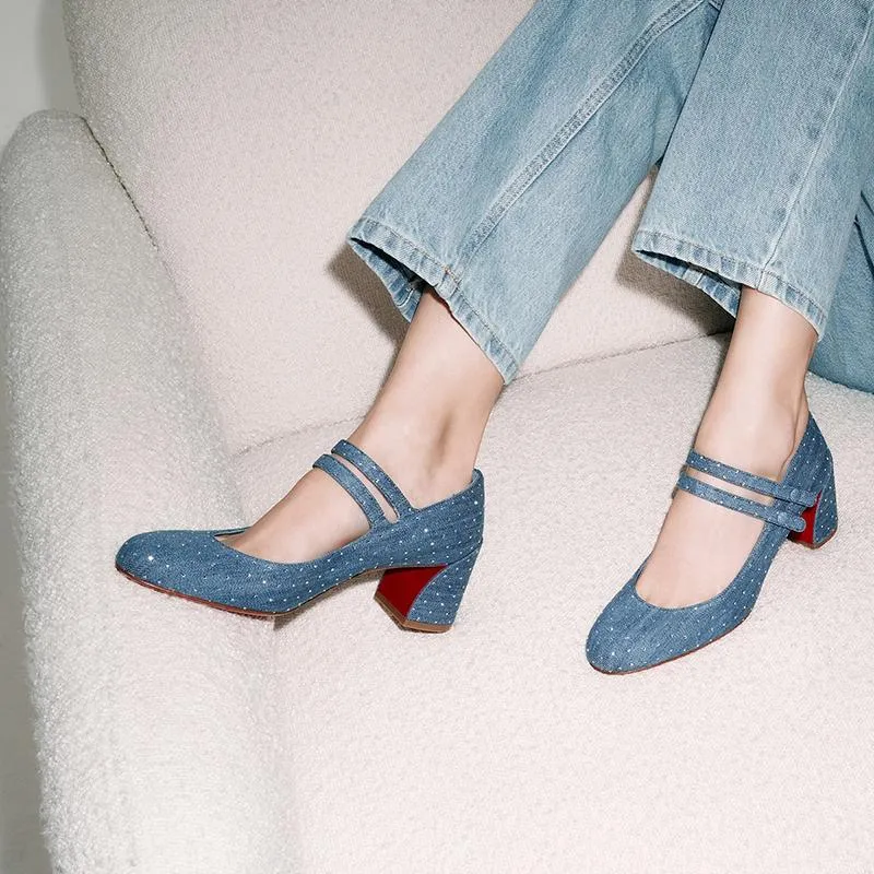 Elegant Denim Blue Pumps Strass