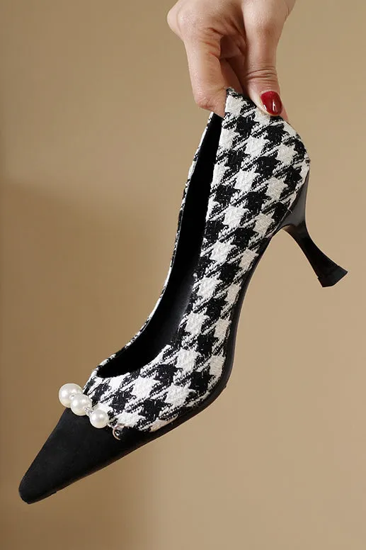 Elegant Houndstooth Pearl High Heels