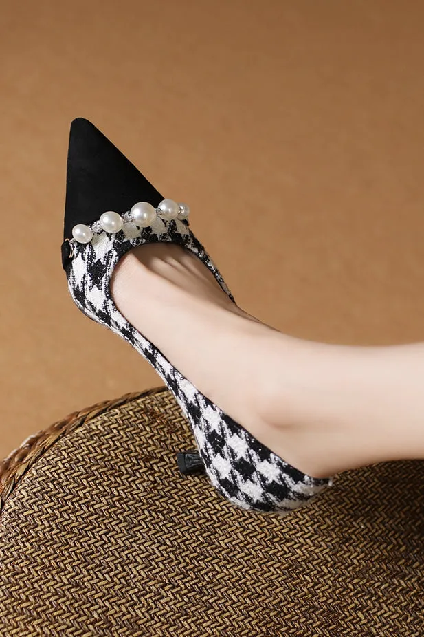 Elegant Houndstooth Pearl High Heels