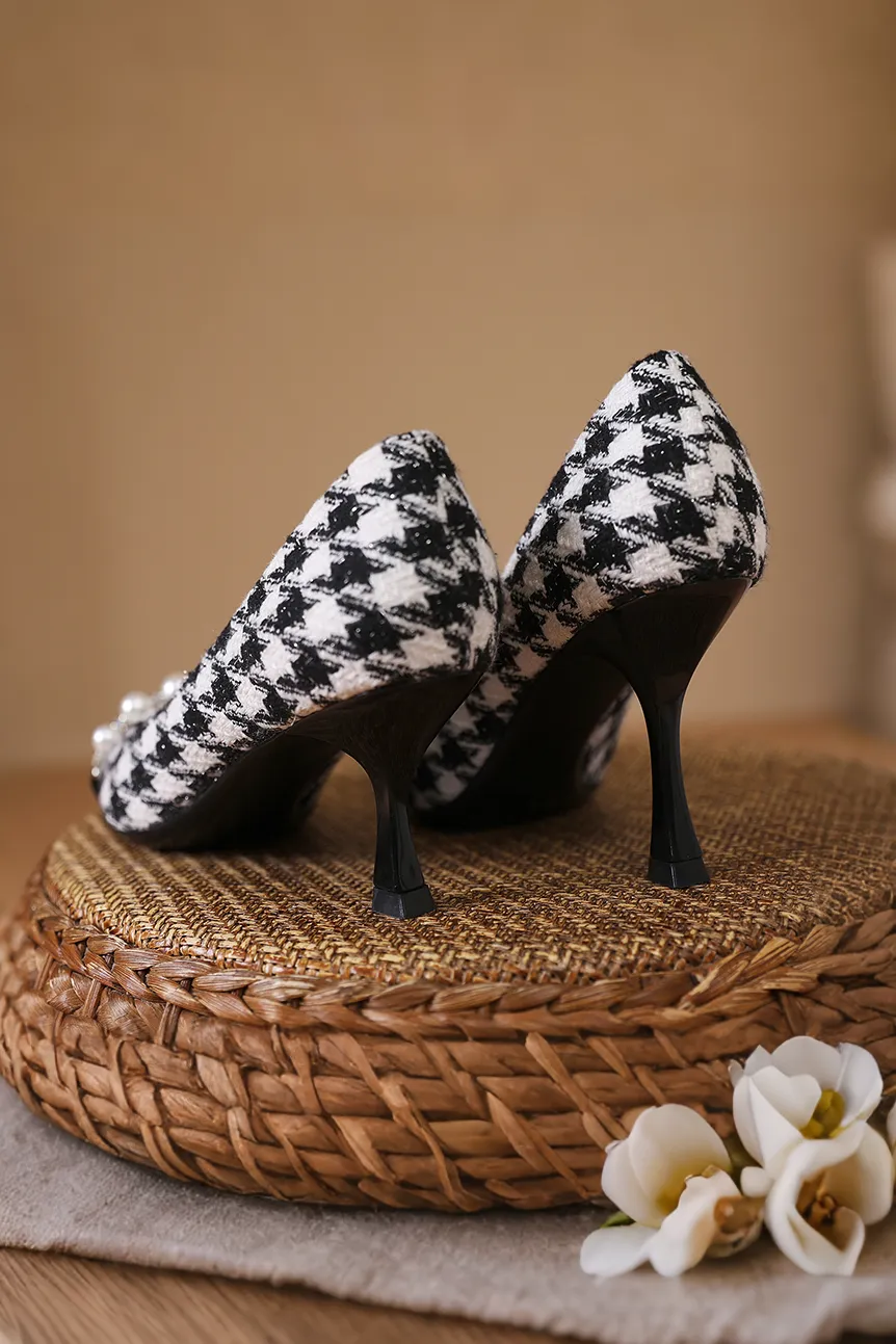 Elegant Houndstooth Pearl High Heels