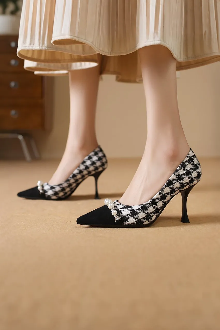Elegant Houndstooth Pearl High Heels