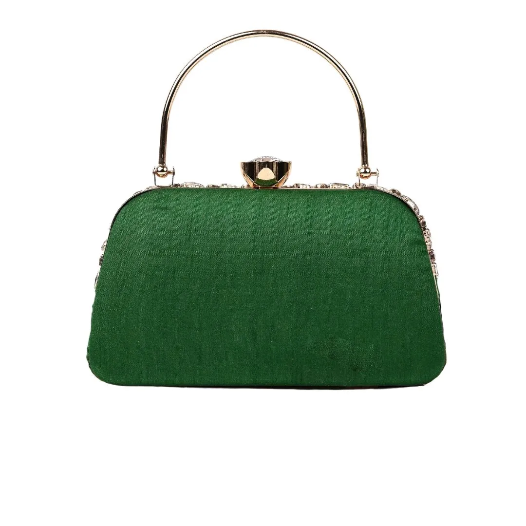 Feather Green Crystal Embellished Party Clutch Bag