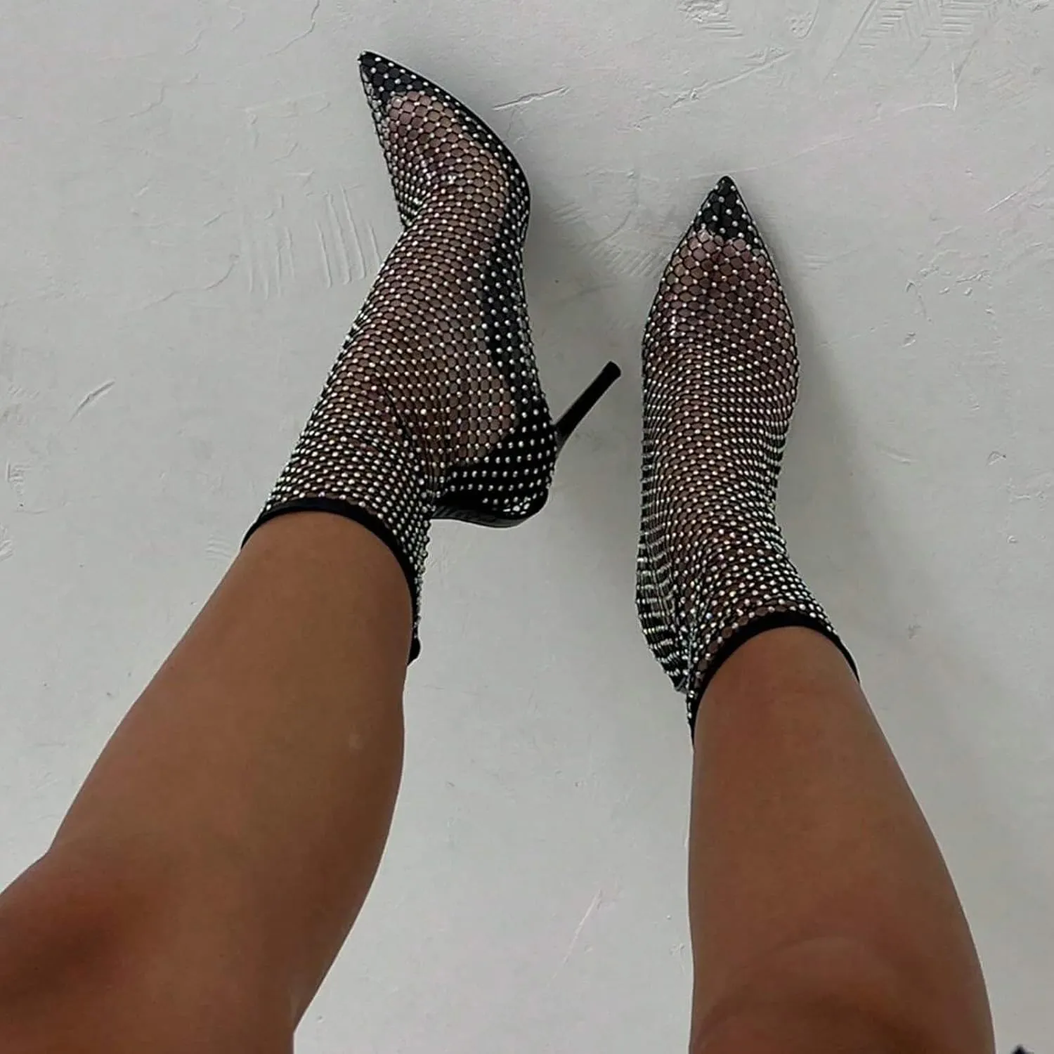 Glitter Mesh Hollow Ankle Boots for Women Bling Rhinestones Colour Stiletto Heel Ankle Sock Boot Hollow Transparent Pointed Toe Sexy Fashion Summer Comfortable Sandals
