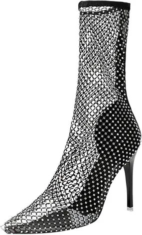Glitter Mesh Hollow Ankle Boots for Women Bling Rhinestones Colour Stiletto Heel Ankle Sock Boot Hollow Transparent Pointed Toe Sexy Fashion Summer Comfortable Sandals