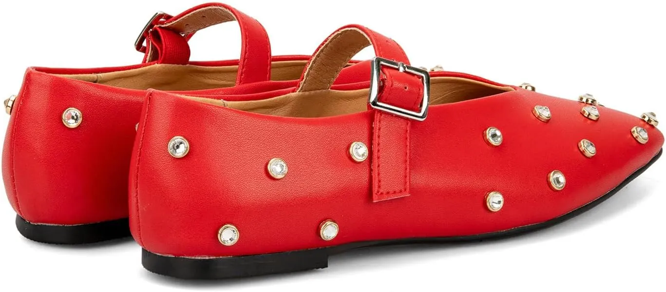 Goolita Sparkly Rhinestone Flats for Women, Square Toe Low Heel Studded Balle Flats Shoes Comfortable Buckle Strap Mary Jane Shoes