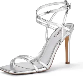 IDIFU IN4 Strappy Heels Stiletto High Heel Square Open Toe Slingback Dress Shoes for Women Adjustable Ankle Strap Heeled Sandals Wedding Prom Bridal Dressy Fashion Trendy Comfortable Skinny Heels