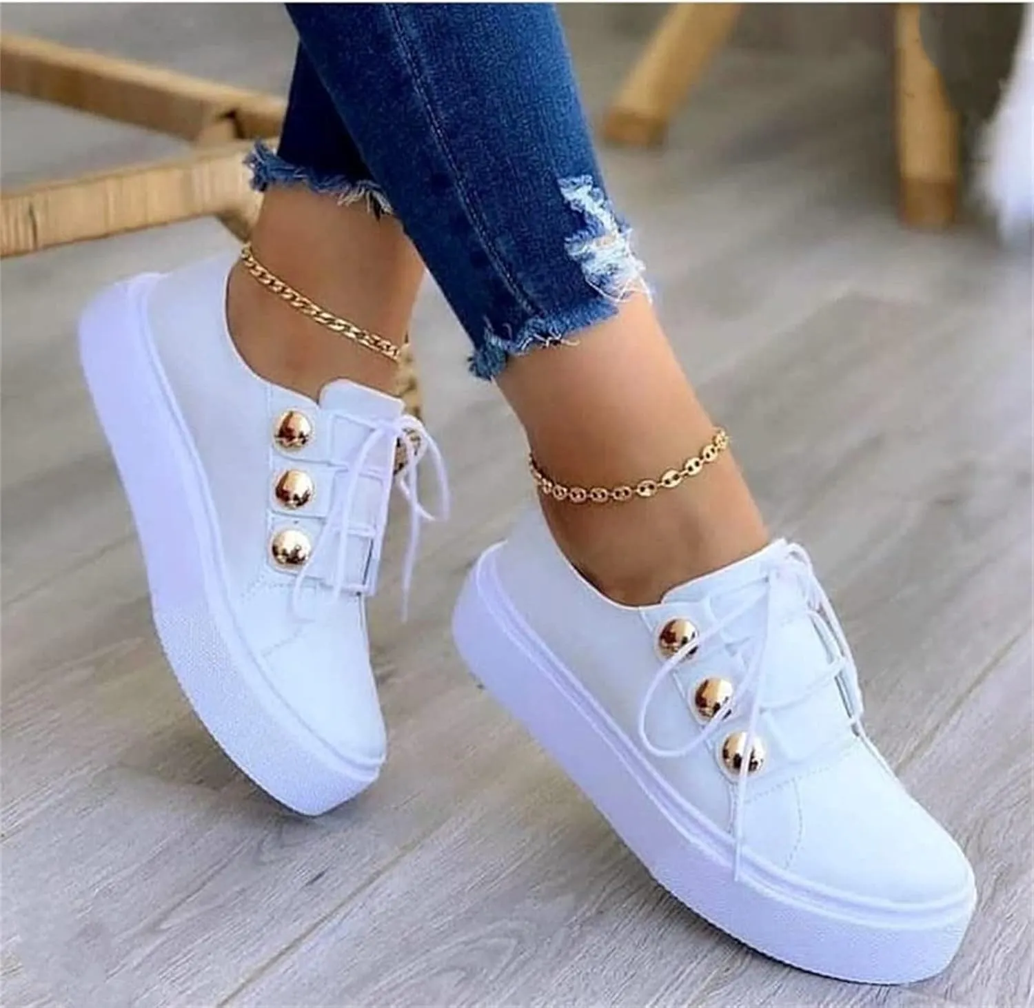 Ladmiple Shoes For Women Dressy Casual Flats Leather Sneakers Low Top Lace Up Fashion Comfortable Summer Slip On Loafers