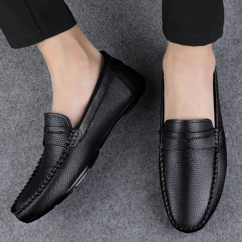 Men's Loafers Round Toe Leather Penny Loafers Flat Heel Comfortable Lightweight Party Slip-ons