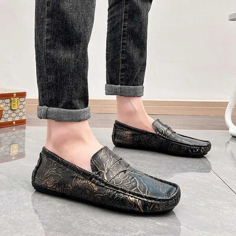 Men's Loafers Square Toe Floral Print Nubuck Leather Penny Driving Loafers Flat Heel Comfortable Slip Resistant Casual Prom Slip-ons