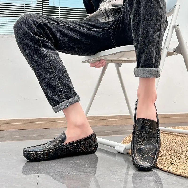 Men's Loafers Square Toe Floral Print Nubuck Leather Penny Driving Loafers Flat Heel Comfortable Slip Resistant Casual Prom Slip-ons