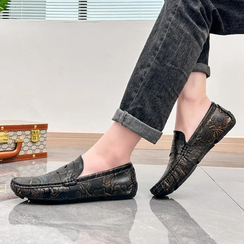 Men's Loafers Square Toe Floral Print Nubuck Leather Penny Driving Loafers Flat Heel Comfortable Slip Resistant Casual Prom Slip-ons