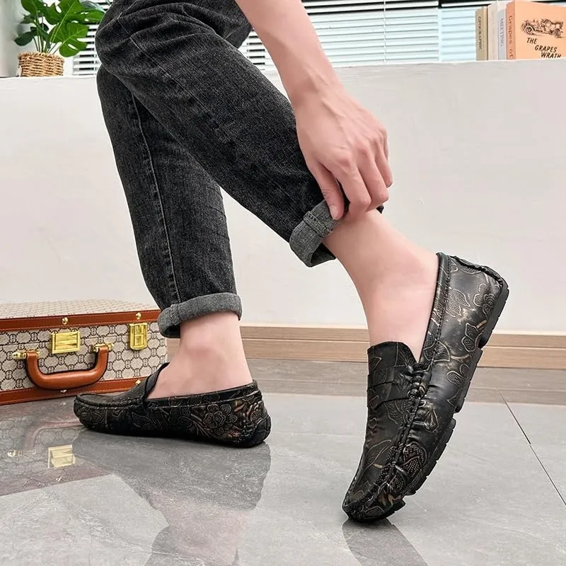 Men's Loafers Square Toe Floral Print Nubuck Leather Penny Driving Loafers Flat Heel Comfortable Slip Resistant Casual Prom Slip-ons