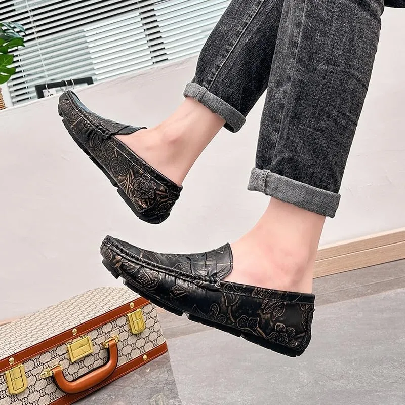 Men's Loafers Square Toe Floral Print Nubuck Leather Penny Driving Loafers Flat Heel Comfortable Slip Resistant Casual Prom Slip-ons