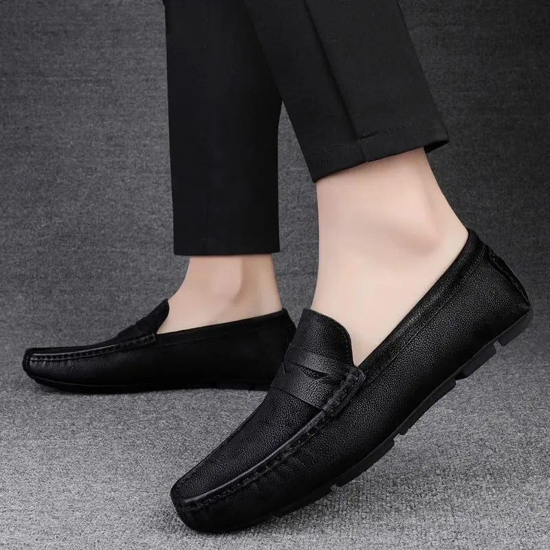 Men's Loafers Square Toe Nubuck Leather Penny Driving Loafers Comfortable Slip Resistant Flat Heel Wedding Slip-ons