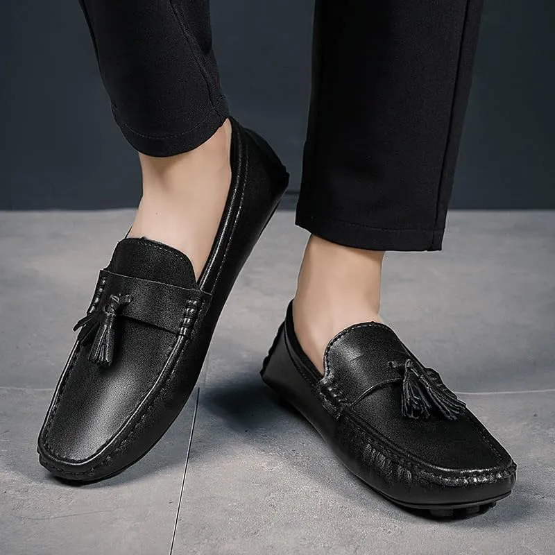 New Men's Loafers Round Toe with Tassel Faux Leather Driving Loafers Anti-Slip Flat Heel Comfortable Casual Walking Slip-ons