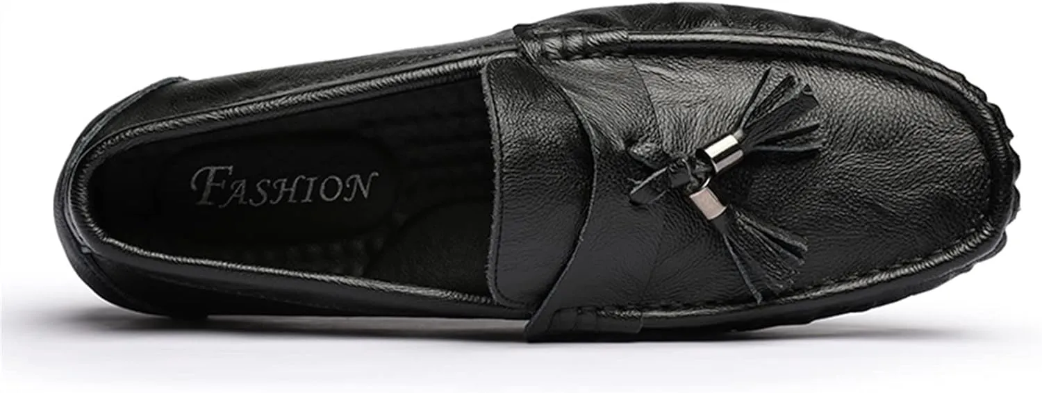 New Men's Loafers Shoes Genuine Leather Tassel Stitching Details Round Toe Anti-slip Flat Heel Flexible Prom Slip-ons