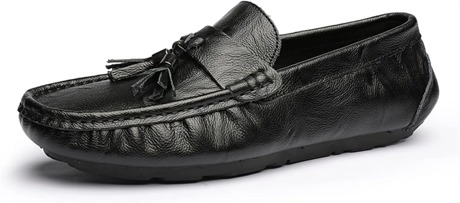 New Men's Loafers Shoes Genuine Leather Tassel Stitching Details Round Toe Anti-slip Flat Heel Flexible Prom Slip-ons