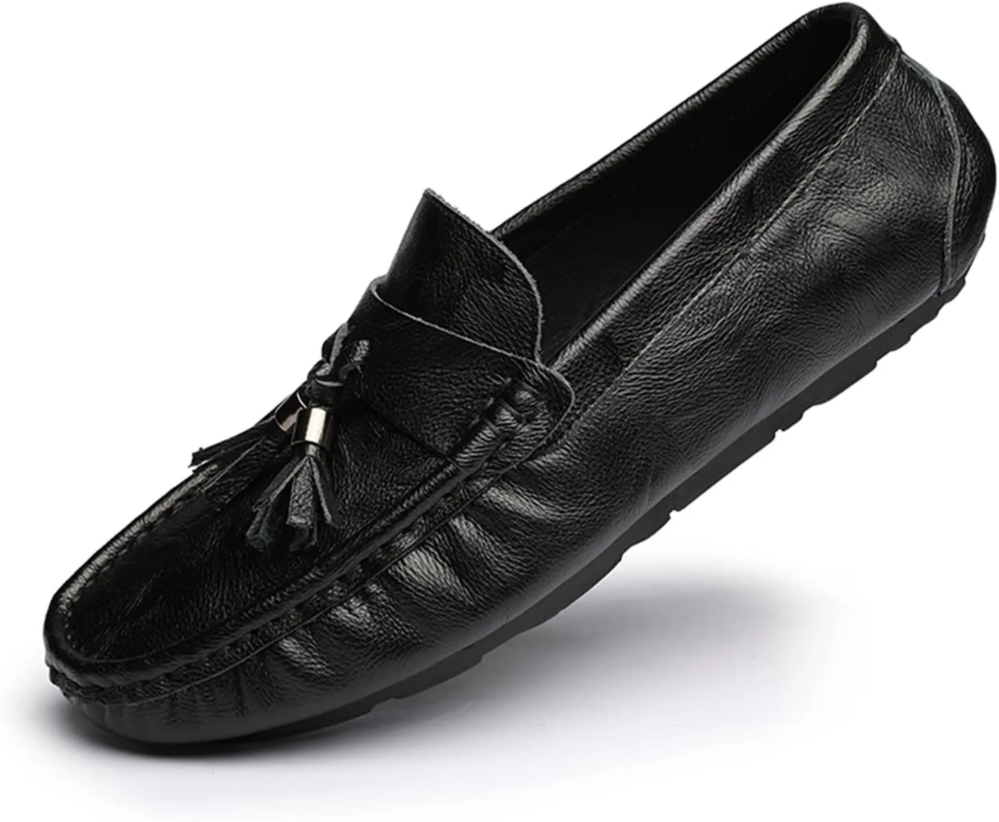 New Men's Loafers Shoes Genuine Leather Tassel Stitching Details Round Toe Anti-slip Flat Heel Flexible Prom Slip-ons