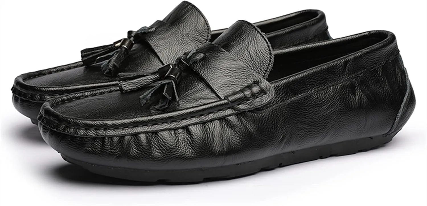 New Men's Loafers Shoes Genuine Leather Tassel Stitching Details Round Toe Anti-slip Flat Heel Flexible Prom Slip-ons