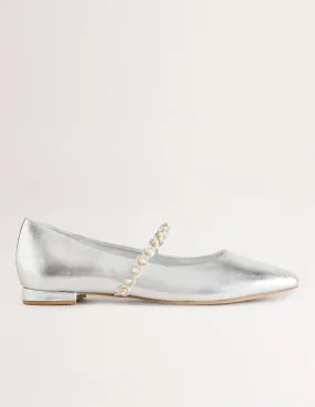 Pearl Strap Ballerina Flats-Silver Metallic