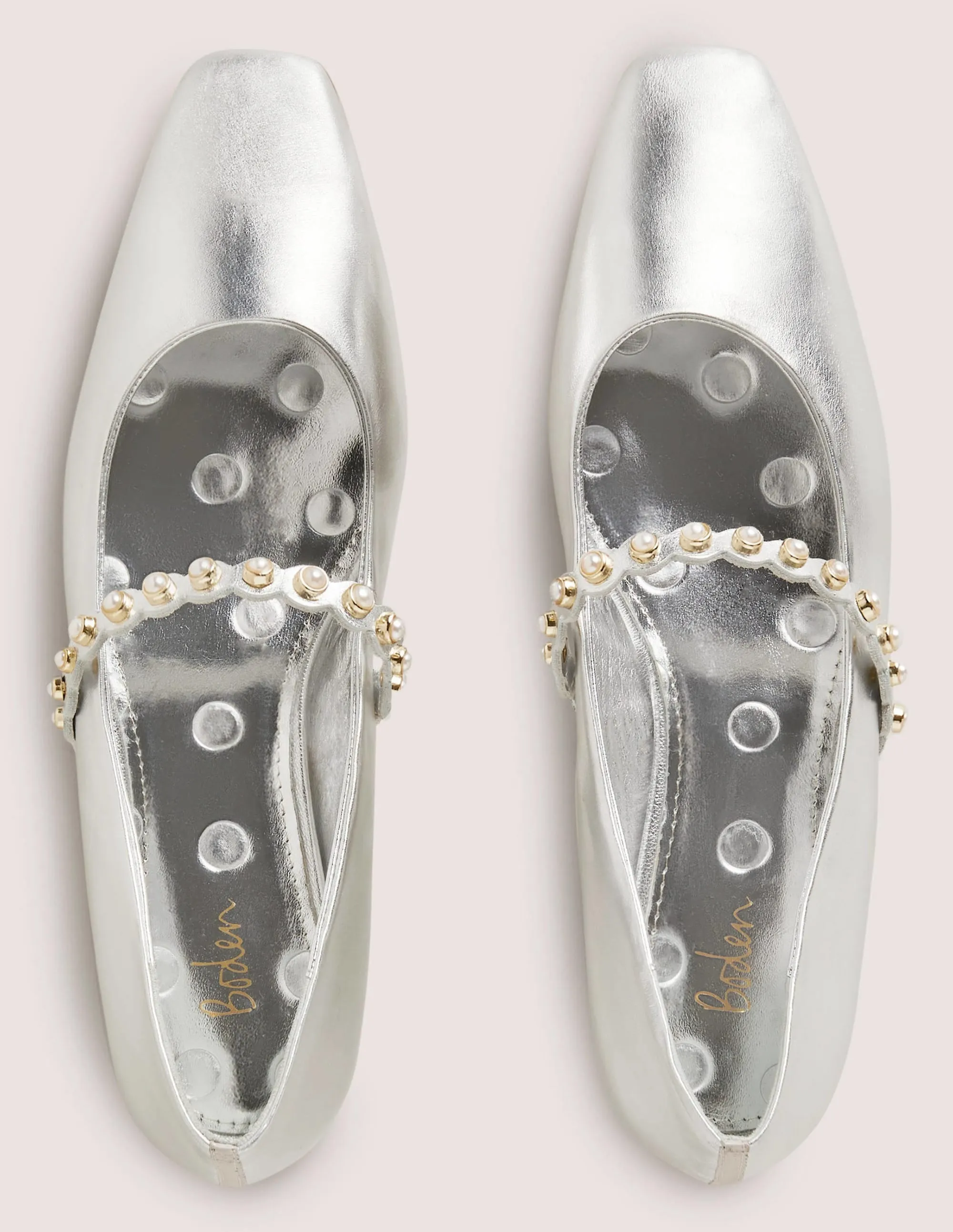 Pearl Strap Ballerina Flats-Silver Metallic
