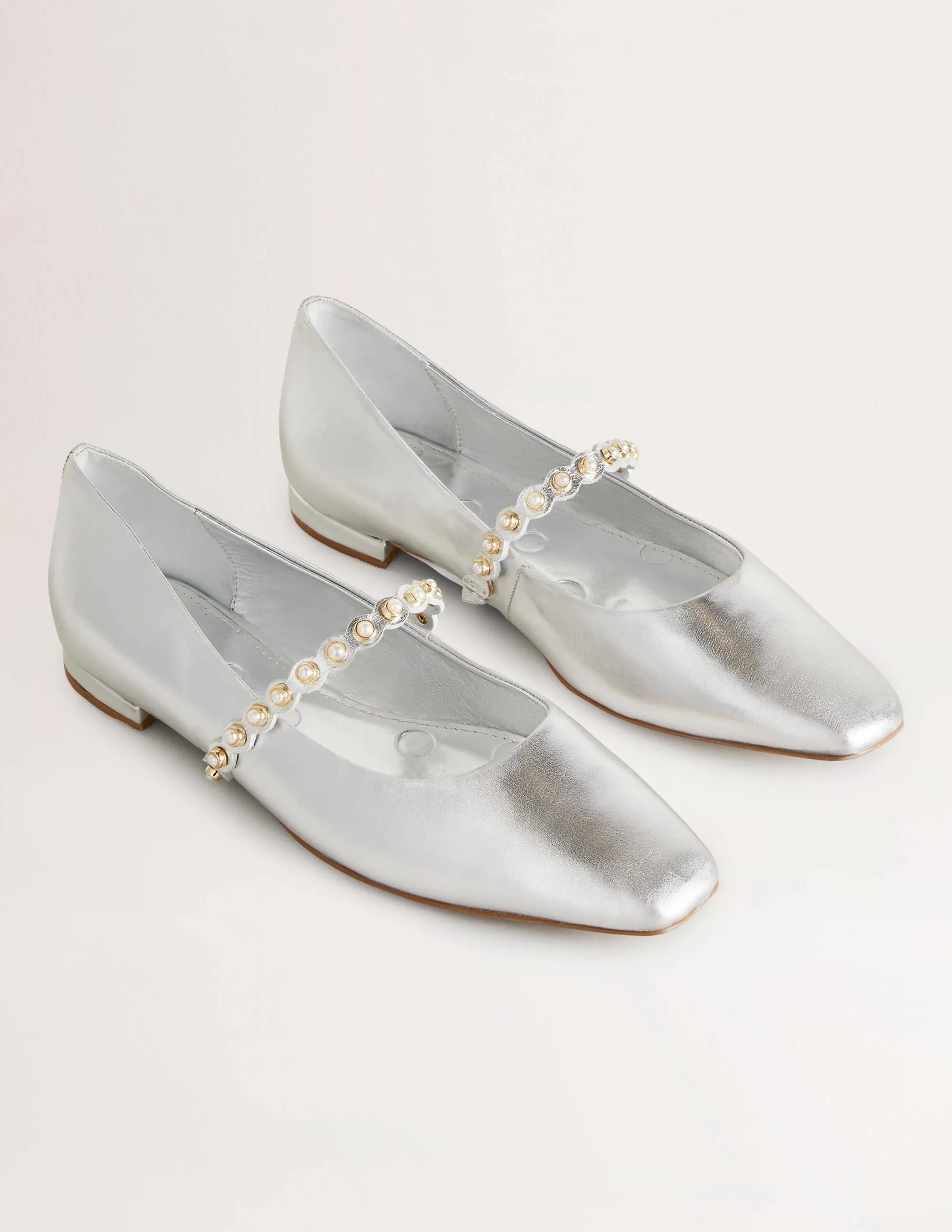 Pearl Strap Ballerina Flats-Silver Metallic
