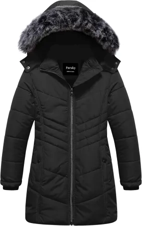 Pursky Girls' Warm Winter Coat Long Parka Fleece Lined Waterproof Puffer Jacket With Removable Hood