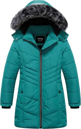 Pursky Girls' Warm Winter Coat Long Parka Fleece Lined Waterproof Puffer Jacket With Removable Hood
