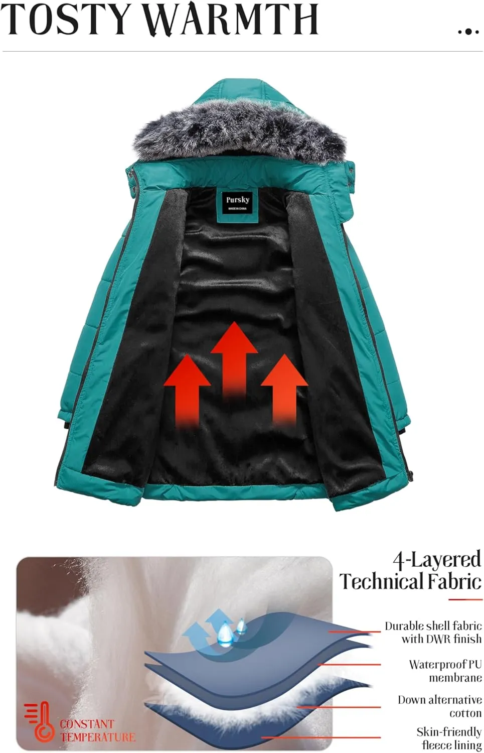 Pursky Girls' Warm Winter Coat Long Parka Fleece Lined Waterproof Puffer Jacket With Removable Hood