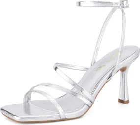 Shoe'N Tale Women's Strappy Heels Stilettos Sandals High Heel Ankle Buckle Square Toe Dress Shoes
