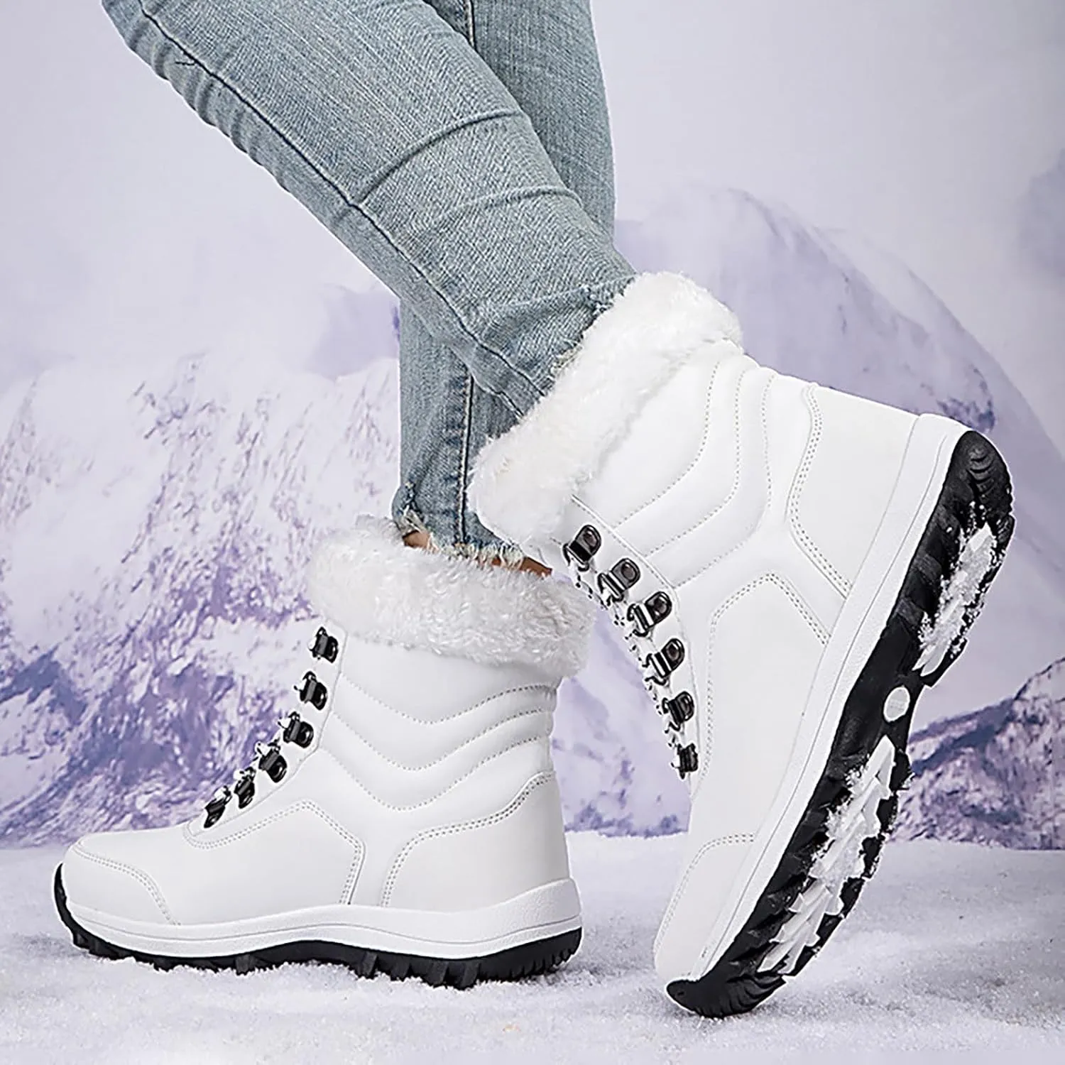 Snow Boots Women Winter Warm Fur Lined Snow Boots Cuffed Fur Collar Anti-Slip Mid Calf Boots Outdoor Insulated Waterproof Hiking Ankle Boots for Work Walking Hiking Outdoor