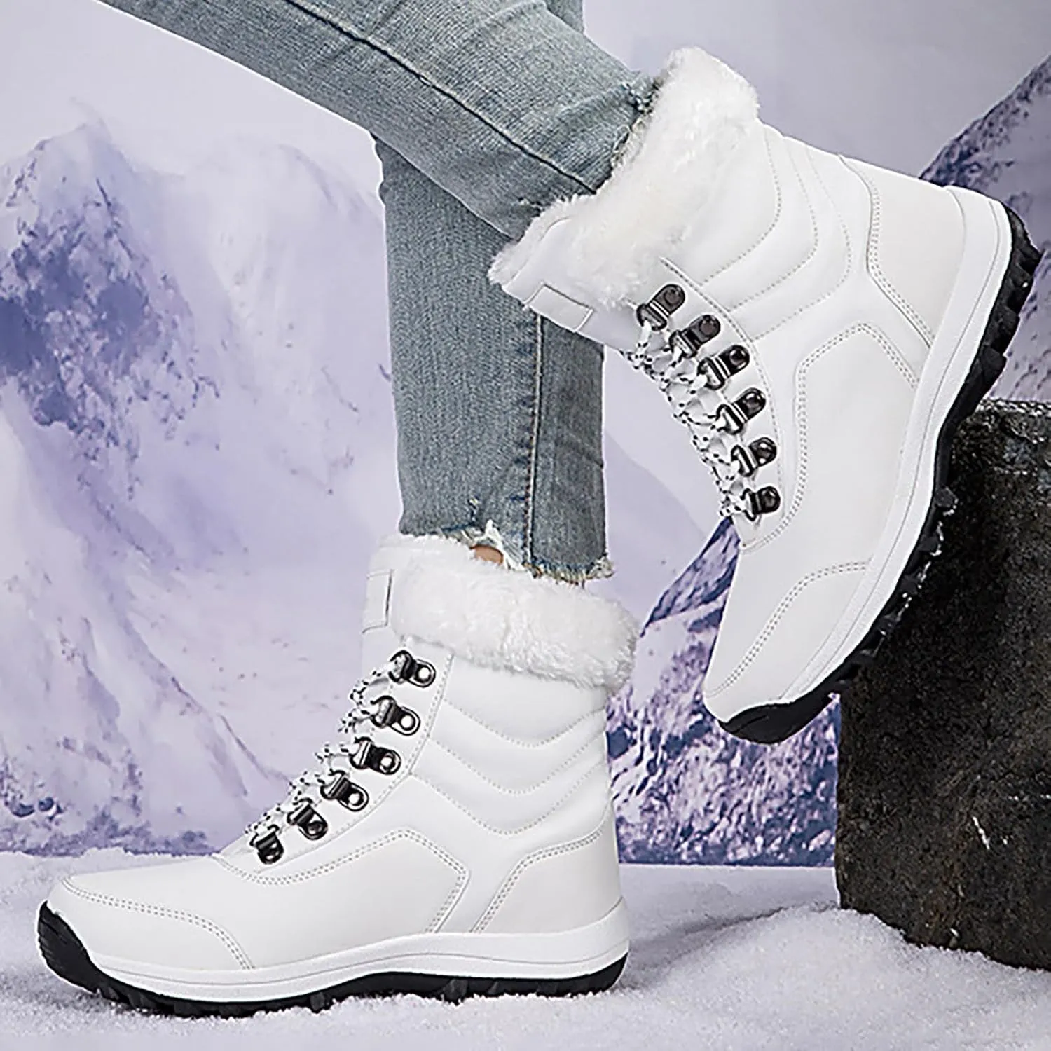 Snow Boots Women Winter Warm Fur Lined Snow Boots Cuffed Fur Collar Anti-Slip Mid Calf Boots Outdoor Insulated Waterproof Hiking Ankle Boots for Work Walking Hiking Outdoor